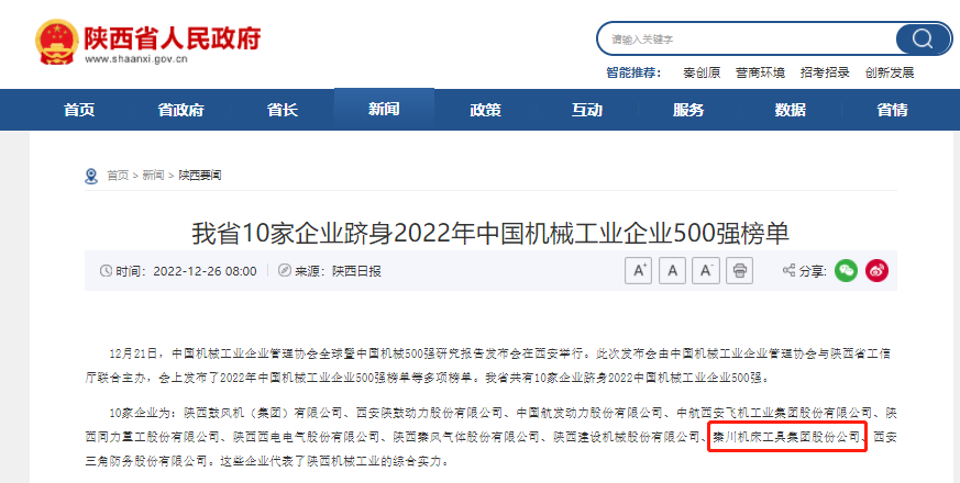 tyc5997太阳集团跻身中国机械工业企业500强、陕西百强企业榜单